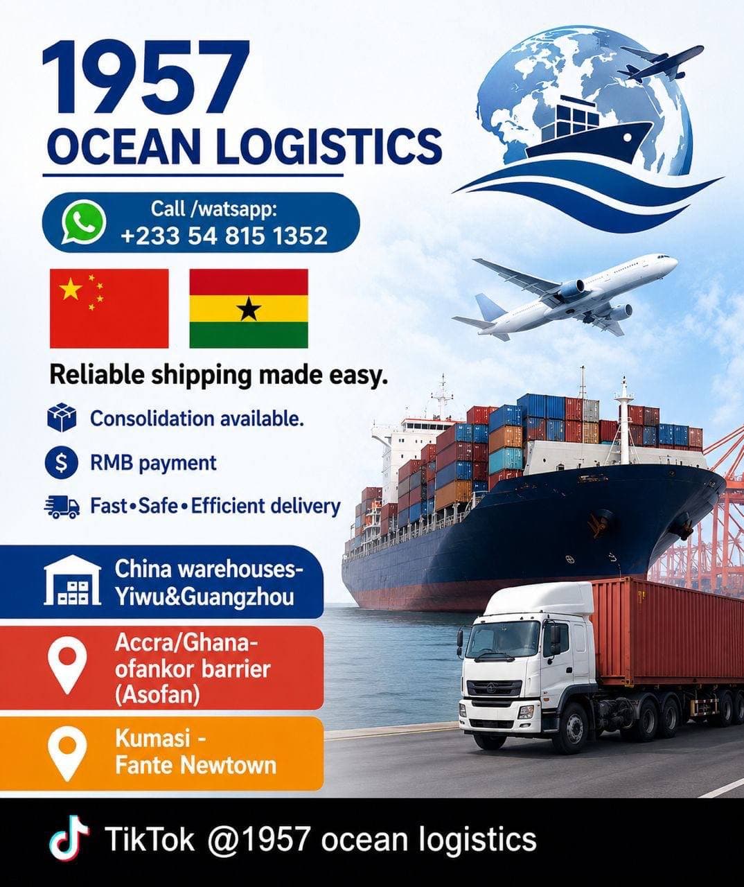 1957 Ocean Logistics China to Ghana shipping flyer